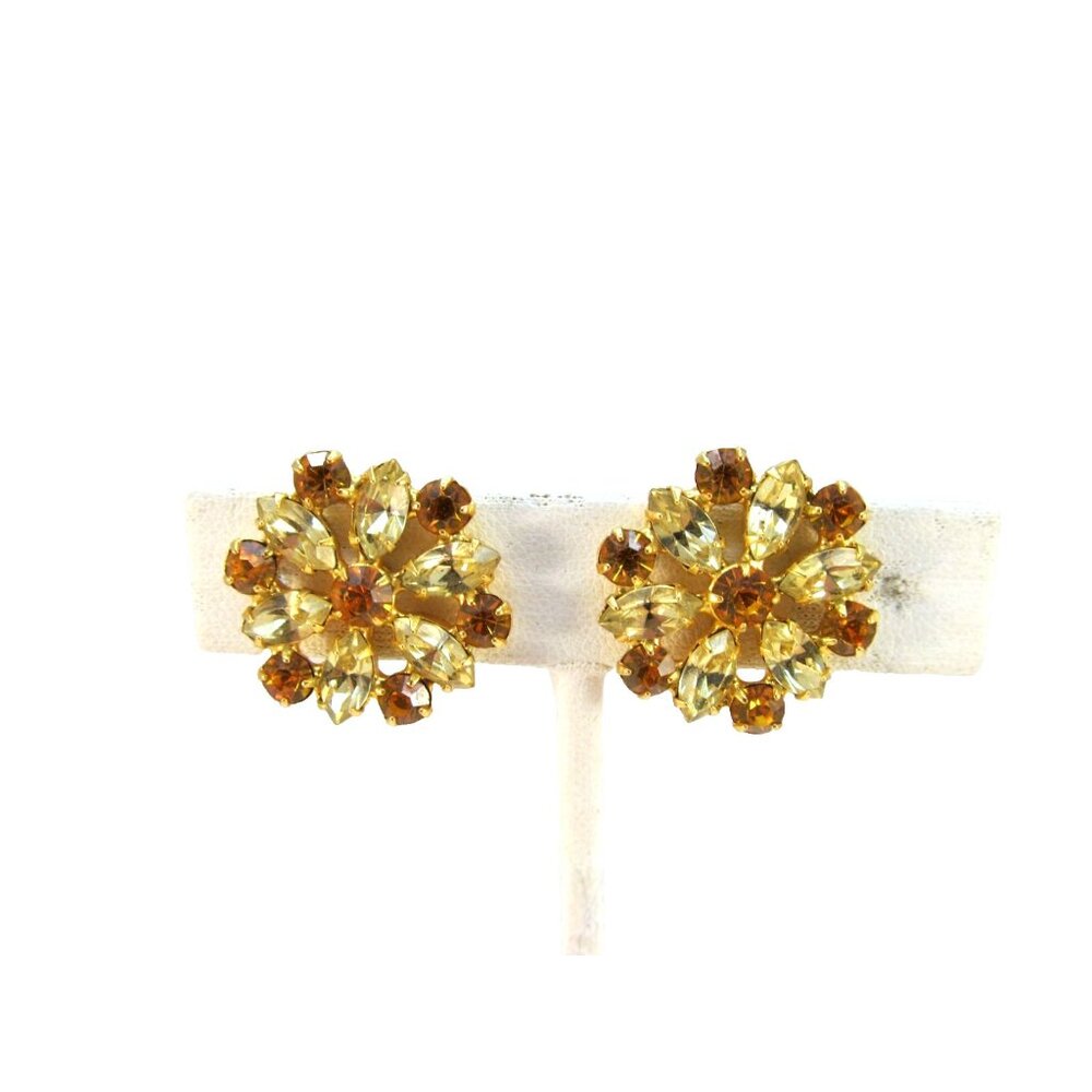 Vintage Signed B David Rhinestone Floral Screw Back Earrings